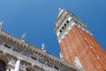 Close view of St Mark`s Campanile and Palazzo Ducale at Piazzetta San Marco in Venice, Italy Royalty Free Stock Photo