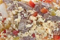 Close view of a steak cheese and vegetables frozen Royalty Free Stock Photo