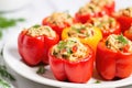 close view of stuffed peppers with tuna on a white plate Royalty Free Stock Photo