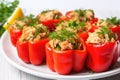 close view of stuffed peppers with tuna on a white plate Royalty Free Stock Photo