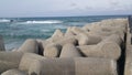 Close view of tetrapod stones on the sea shore to prevent coastal ersosion Royalty Free Stock Photo