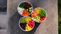 Close view of three poke bowls Royalty Free Stock Photo