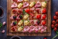 Close view of tiny bruschettas with prosciuto, ham and cheese Royalty Free Stock Photo