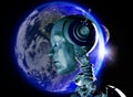 Android head close view over Earth