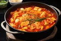 close view of traditional korean kimchi stew with spicy broth