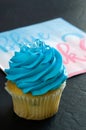 Close View of Vanilla Muffin with Blue Icing for Baby Boy Shower