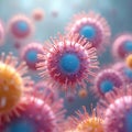 Close view of virus particles illustration. Pathogen organisms with pink capsule, spiky extensions. Microscopic infectious agent, Royalty Free Stock Photo