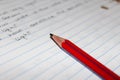 Close view of the writings and the pencil used in a notebook