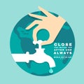 Close the water tap after use always text and hand closing water drip from water tap on circle world vector design Royalty Free Stock Photo