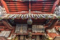 Close wide angle view of Honden Main Hall at Kitaguchi Hongu Fuji Sengen Jinja shinto shrine. Fujiyoshida city, japan