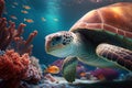 Close wild turtle floating over beautiful natural ocean background, with sunlight through water surface, Generative AI Royalty Free Stock Photo