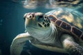 Close wild turtle floating over beautiful natural ocean background, with sunlight through water surface, Generative AI