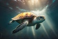 Close wild turtle floating over beautiful natural ocean background, with sunlight through water surface, Generative AI Royalty Free Stock Photo