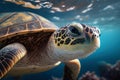 Close wild turtle floating over beautiful natural ocean background, with sunlight through water surface, Generative AI Royalty Free Stock Photo