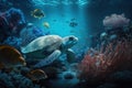 Close wild turtle floating over beautiful natural ocean background, with sunlight through water surface, Generative AI Royalty Free Stock Photo