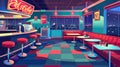 Closed American diner in vintage style, fast food restaurant, modern cartoon illustration, with tables, red sofas Royalty Free Stock Photo