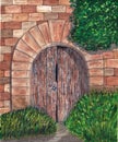 Closed arch ancient wooden door on stone wall and greenery. Hand painted watercolor illustration Royalty Free Stock Photo