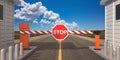 Closed barrier gate and stop sign, blue sky background. 3d illustration