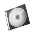 Closed black plastic disc box case CD jewel with silver disk isolated on white Royalty Free Stock Photo