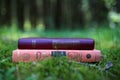 Closed books outdoor. Knowledge is power. Book in a forest. Book on a stump Royalty Free Stock Photo