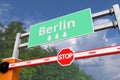 Closed boom barrier near Berlin, Germany road sign. Coronavirus or some other disease quarantine related 3D rendering