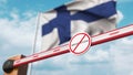 Closed boom barrier with stop immigration sign against the Finnish flag. Border closure or immigration ban in Finland