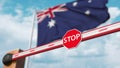 Closed boom gate on the Australian flag background. Restricted entry or certain ban in Australia. 3D rendering