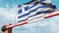 Closed boom gate with CUSTOMS sign on the Greek flag background. Border closure or protective tariffs in Greece. 3D