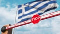 Closed boom gate on the Greek flag background. Restricted entry or certain ban in Greece. 3D rendering