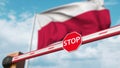 Closed boom gate on the Polish flag background. Restricted entry or certain ban in Poland. 3D rendering