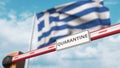 Closed boom gate with QUARANTINE sign on the Greek flag background. Border closure or infection related isolation in