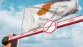 Closed boom barrier with stop immigration sign against the Cypriot flag. Border closure or immigration ban in Cyprus. 3D