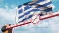 Closed boom gate with no immigration sign on the Greek flag background. Border closure or immigration ban in Greece. 3D