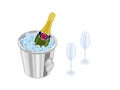 Closed bottle of champagne in a bucket with ice and two empty glasses Royalty Free Stock Photo