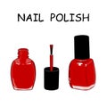 Closed bottle and open a bottle of red nail polish and a brush. Hand drawing. Vector illustration. nail polish object.