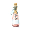 A closed bottle of pink champagne with a festive ribbon. Watercolor illustration. An isolated object from a large set of Royalty Free Stock Photo