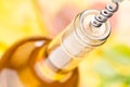 A closed bottle of white wine with corkscrew. Top view. Royalty Free Stock Photo