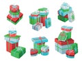 Hand drawn vector illustrations of piles of simple closed wrapped gift boxes in christmas themed colors. Royalty Free Stock Photo