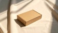 Brown Cardboard Box on Cream Fabric with Soft Sunlight and Shadow Patterns kraft packaging Royalty Free Stock Photo