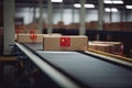 Closed cardboard boxes on conveyor belt with Chinese flag marking, generative AI.