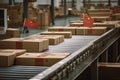 Closed cardboard boxes on conveyor belt with Chinese flag marking, generative AI.