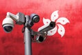 Closed circuit camera Multi-angle CCTV system against the background of the national flag of Hong Kong