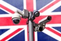 Closed circuit camera Multi-angle CCTV system against the background of the national flag of UK