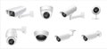 Closed circuit television cameras realistic set. External cctv. Surveillance equipment. Security monitoring system for smart home