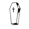 Closed coffin with a cross on the lid. Hand drawn doodle black outline. Gloomy scary gothic vampiric halloween symbol of