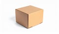 A closed cube shaped brown cardboard box with a hinged lid and angled sides sits on a white background Royalty Free Stock Photo