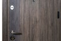 Closed door.Dark brown wooden door closeup. Modern interior design, door handle. New house concept. Real estate. Royalty Free Stock Photo