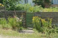 Closed door on a gray wooden rural fence wall Royalty Free Stock Photo