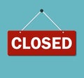 Closed door sign flat style. Graphic icon close hanging on shop door. Signboard for office, cafe, retail market. Information label Royalty Free Stock Photo