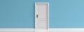 Closed door white on blue wall background, banner, copy space. 3d illustration